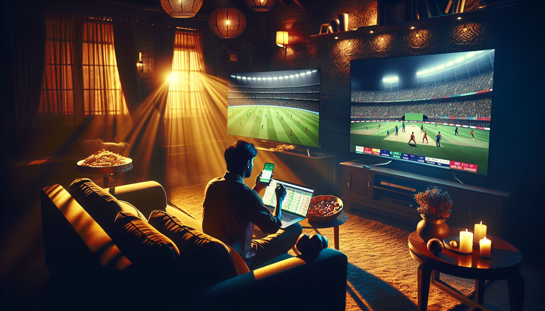 Bangladeshi sports fan using mobile and laptop for live betting during an intense cricket and football viewing session