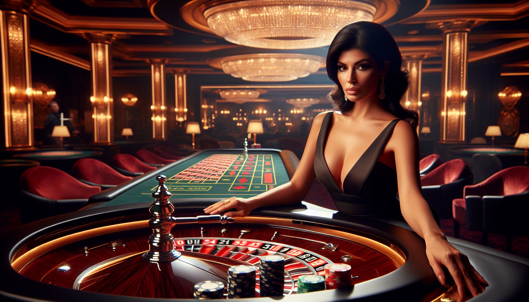 Elegant live casino room with roulette table, cards, and warm premium lighting