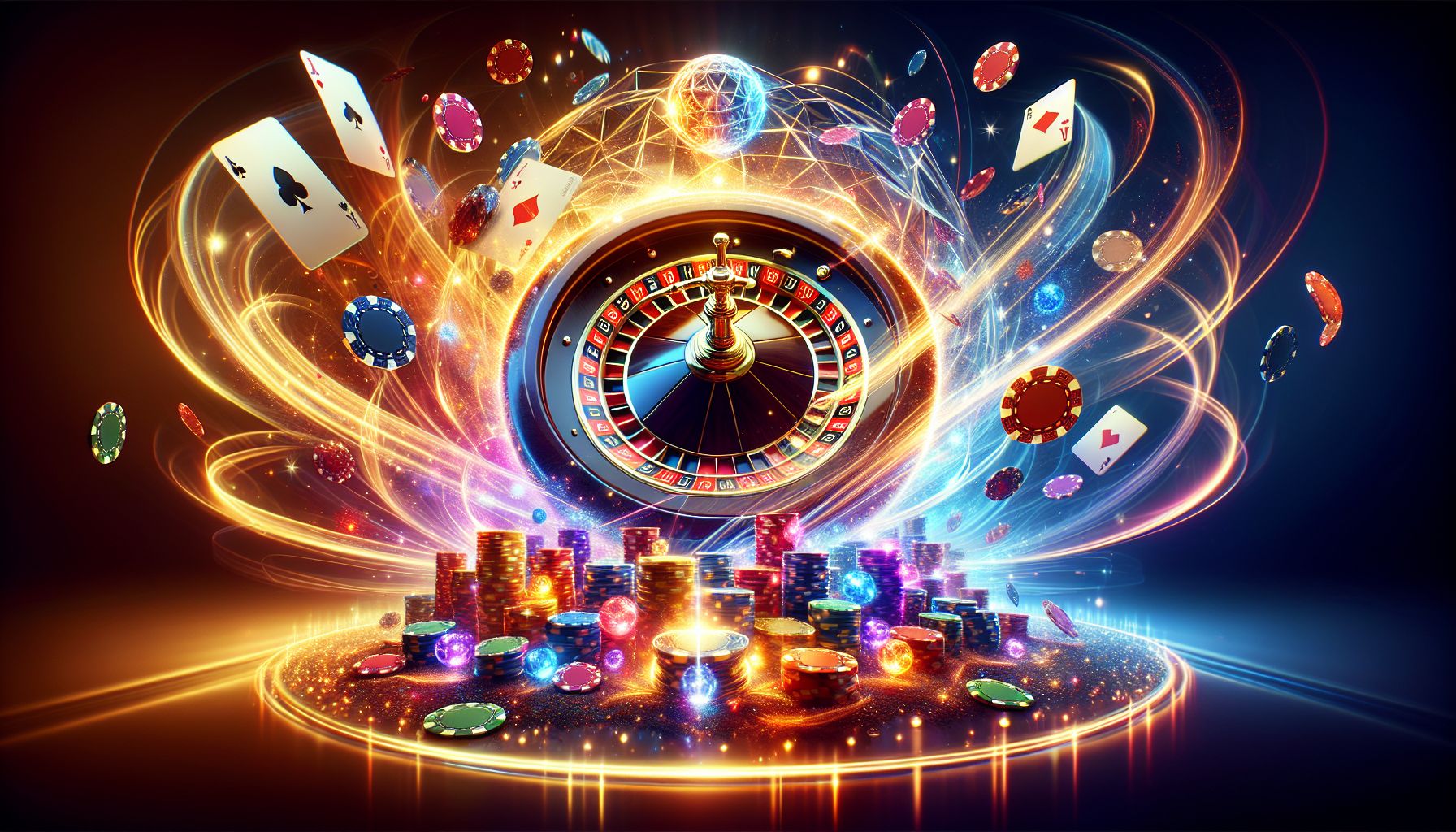 Colorful casino-style digital scene with chips, cards, and a glowing roulette wheel