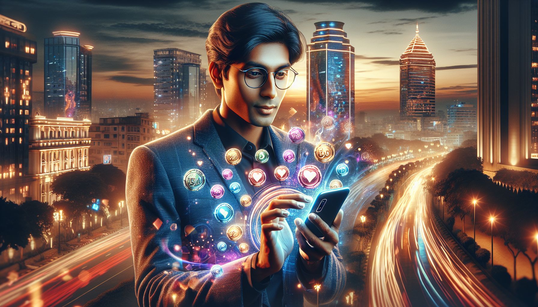 Bangladeshi player using a smartphone at night with glowing game icons, rich neon reflections and a premium digital gaming atmosphere