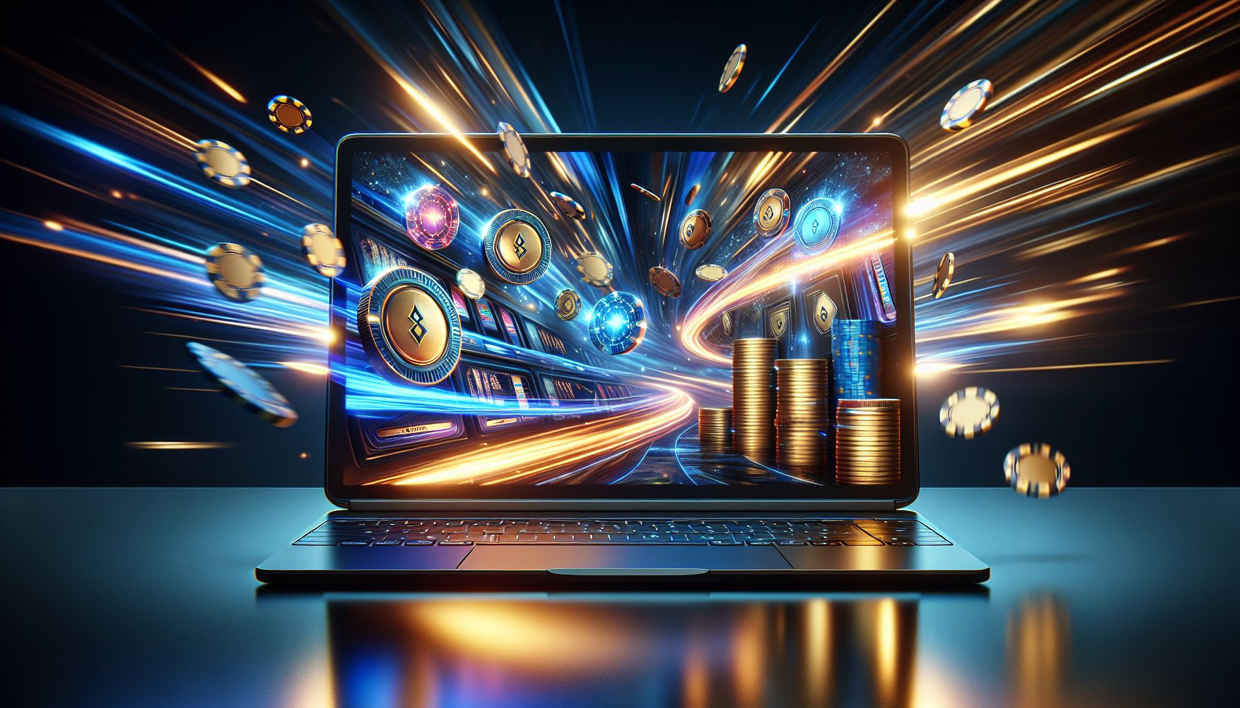 Open laptop with vivid casino visuals, floating coins and bright digital effects creating a modern online gaming mood for Bangladesh players