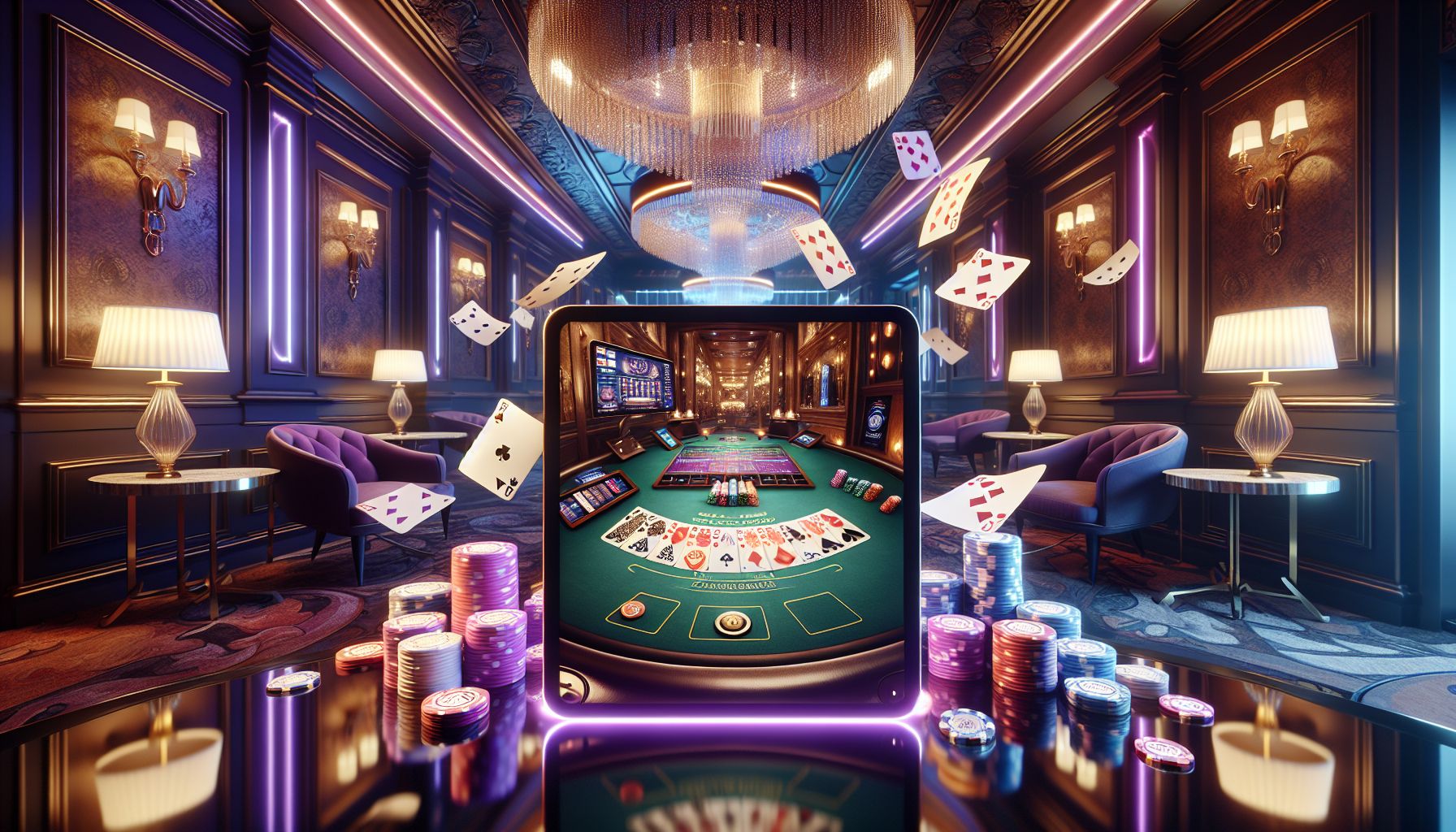 Focused gamer in a stylish indoor setting with glowing cards, chips and elegant blue-gold lighting inspired by premium online casino play