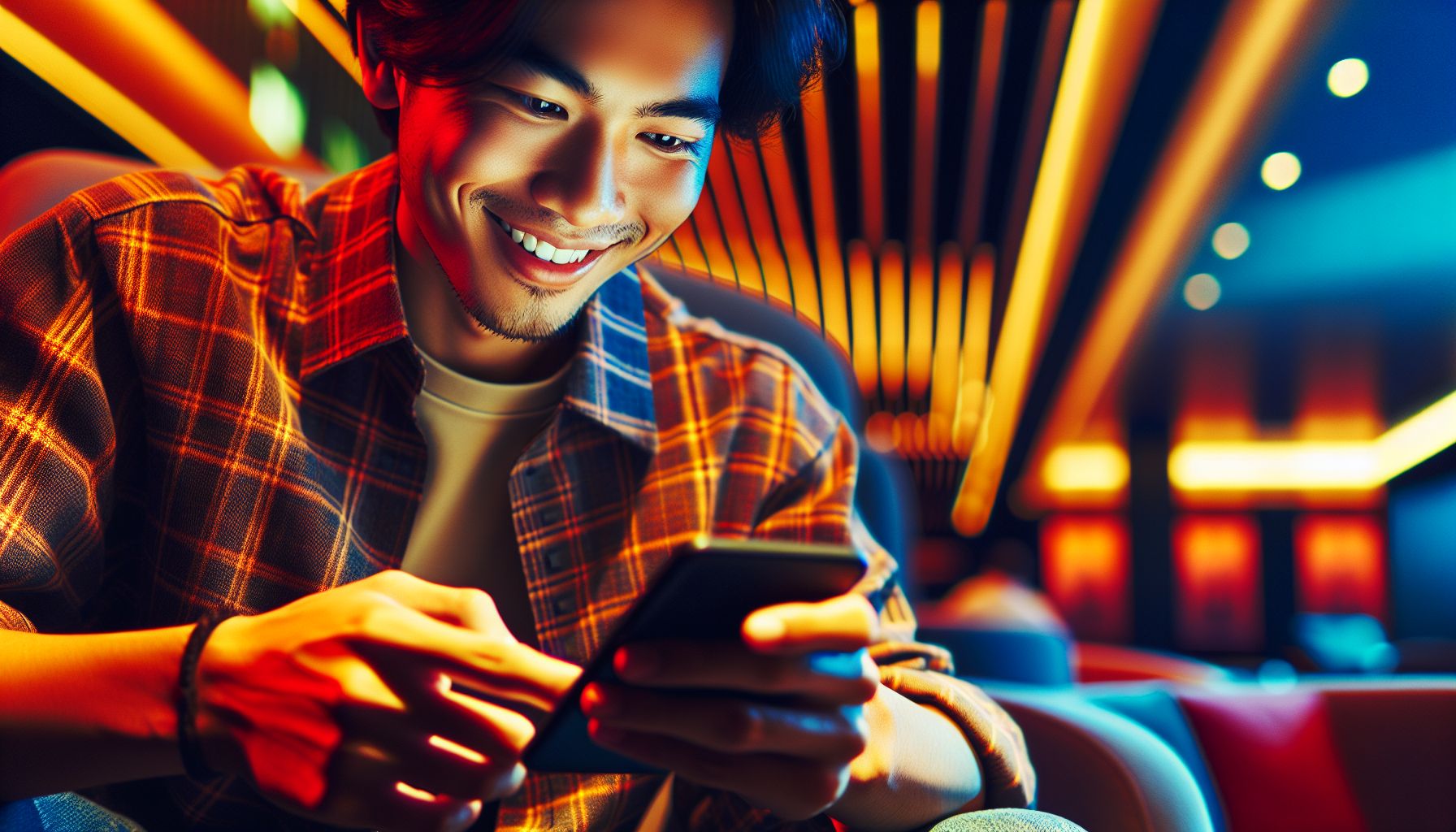 Smiling young Bangladeshi player using a smartphone to enjoy bright slot reels in a modern indoor setting