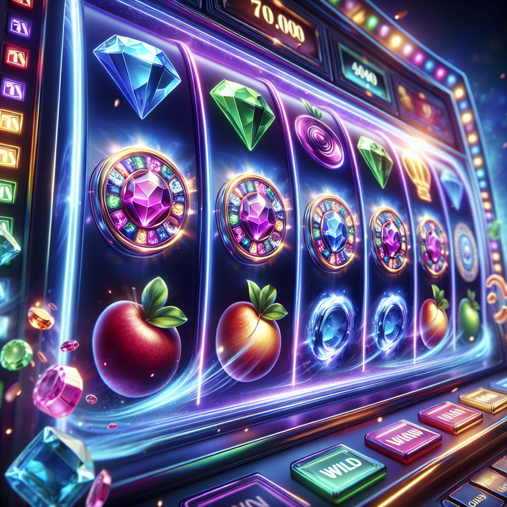 Detailed slot game screen with glowing reels, polished symbols and energetic visual effects