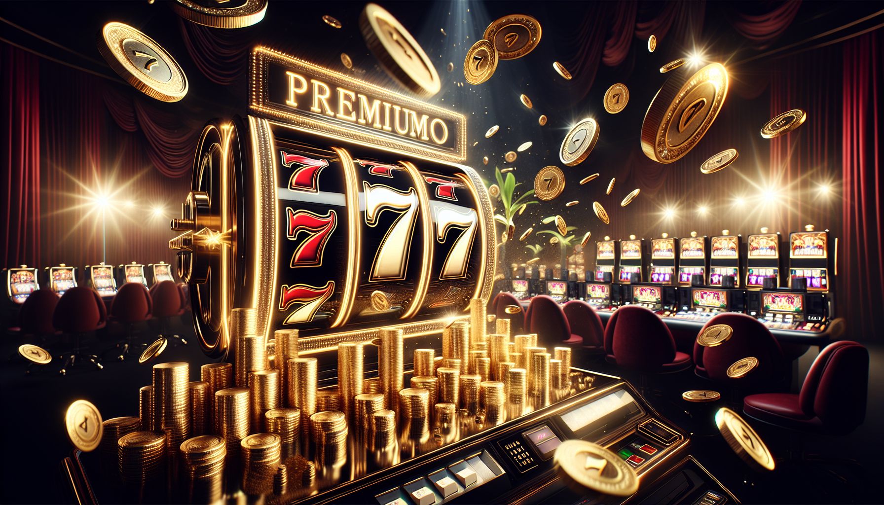 Premium slot machine reels with shining sevens, gold coins and dramatic lighting in a luxury gaming scene
